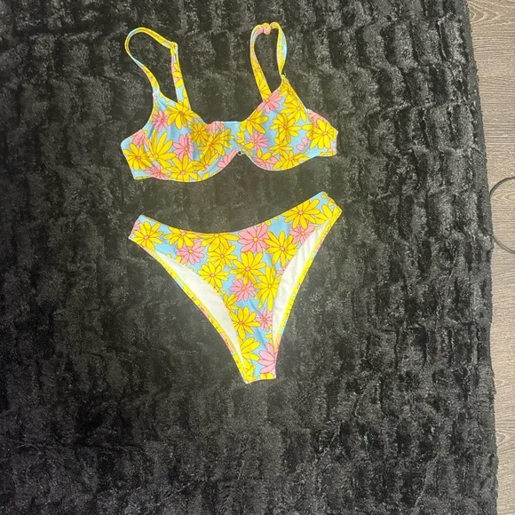 Floral Daisy Bikini One-Piece for Kids - Yellow & Pink Flowers on Blue - Picture 3 of 7